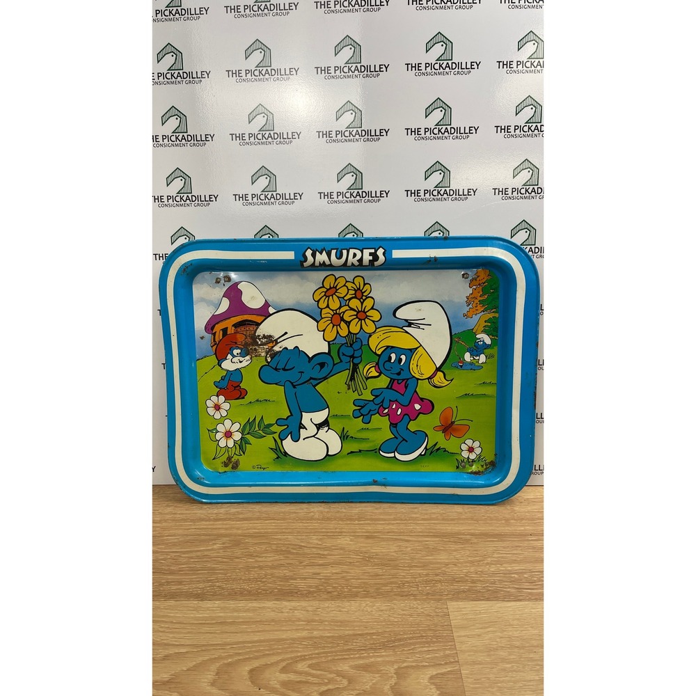 Vintage Smurfs Metal Folding Lap Tray Smurfette Peyo 1980s Retro TV Tray Blue
